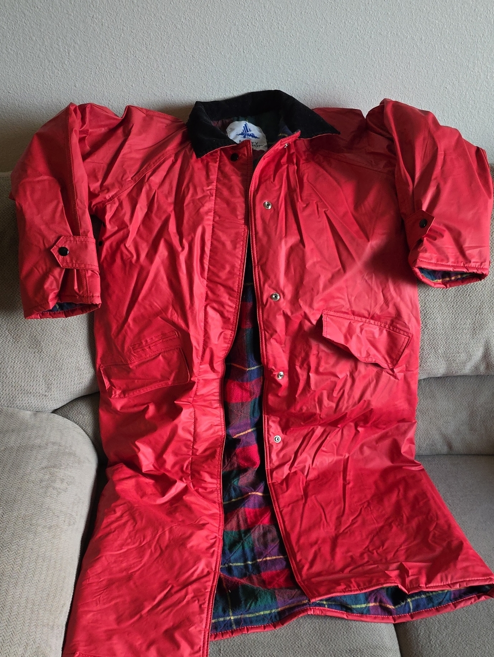 Vintage Red Long Rain Coat with Think Plaid Lining